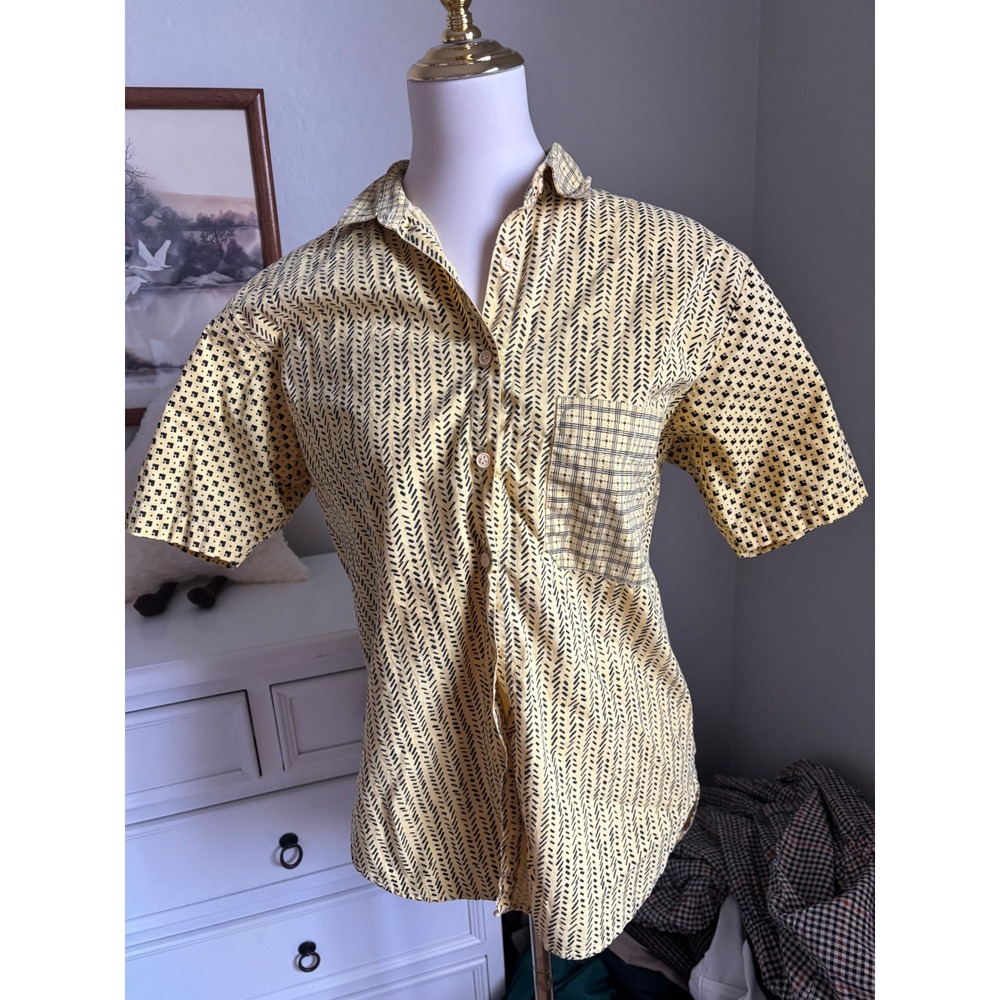 Vintage Yellow Geometric Shirt Mixed Print Cotton Button Down Short Sleeve Retro